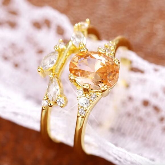 NEW 18k Yellow Gold Champagne Diamond Ring Oval Cut Ring Set of 2 Bands - Picture 2 of 4